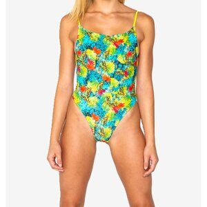 Women's Brazilian Swimsuit Thong Tropical Butterfly Print Neon Reversible